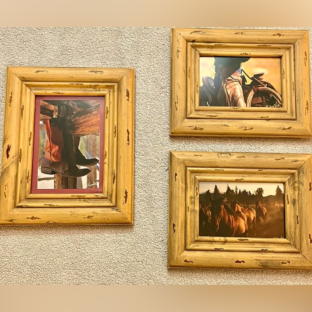Set 3 framed photographs Western Cowboy Saddle Horses Boots Signed B. Van Dell